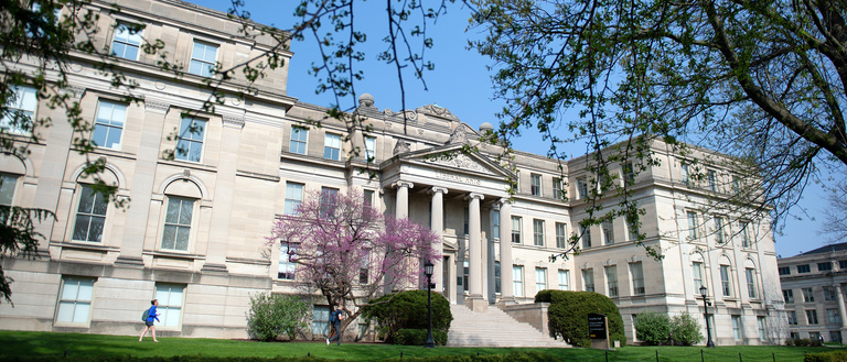 The front side of Schaeffer Hall on the campus of the University of Iowa.